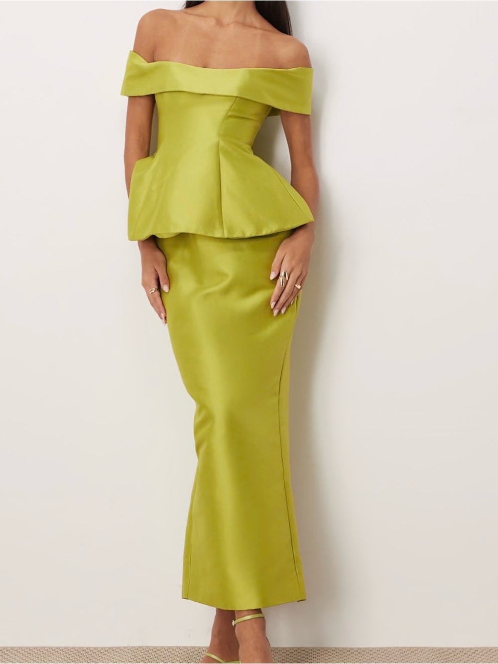 Arrange Off-Shoulder Peplum Maxi Skirt in Lime
